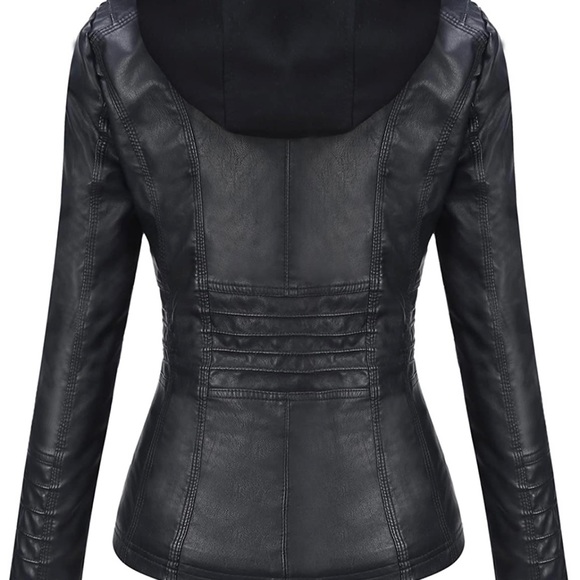 New w/o Tags Tanming Woman’s Removable Hooded Faux Leather Jacket - Picture 4 of 7